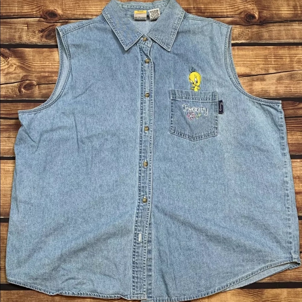 VTG Looney Tunes Tweety Bird Denim Sleeveless Button Up Shirt Women's 22/24W